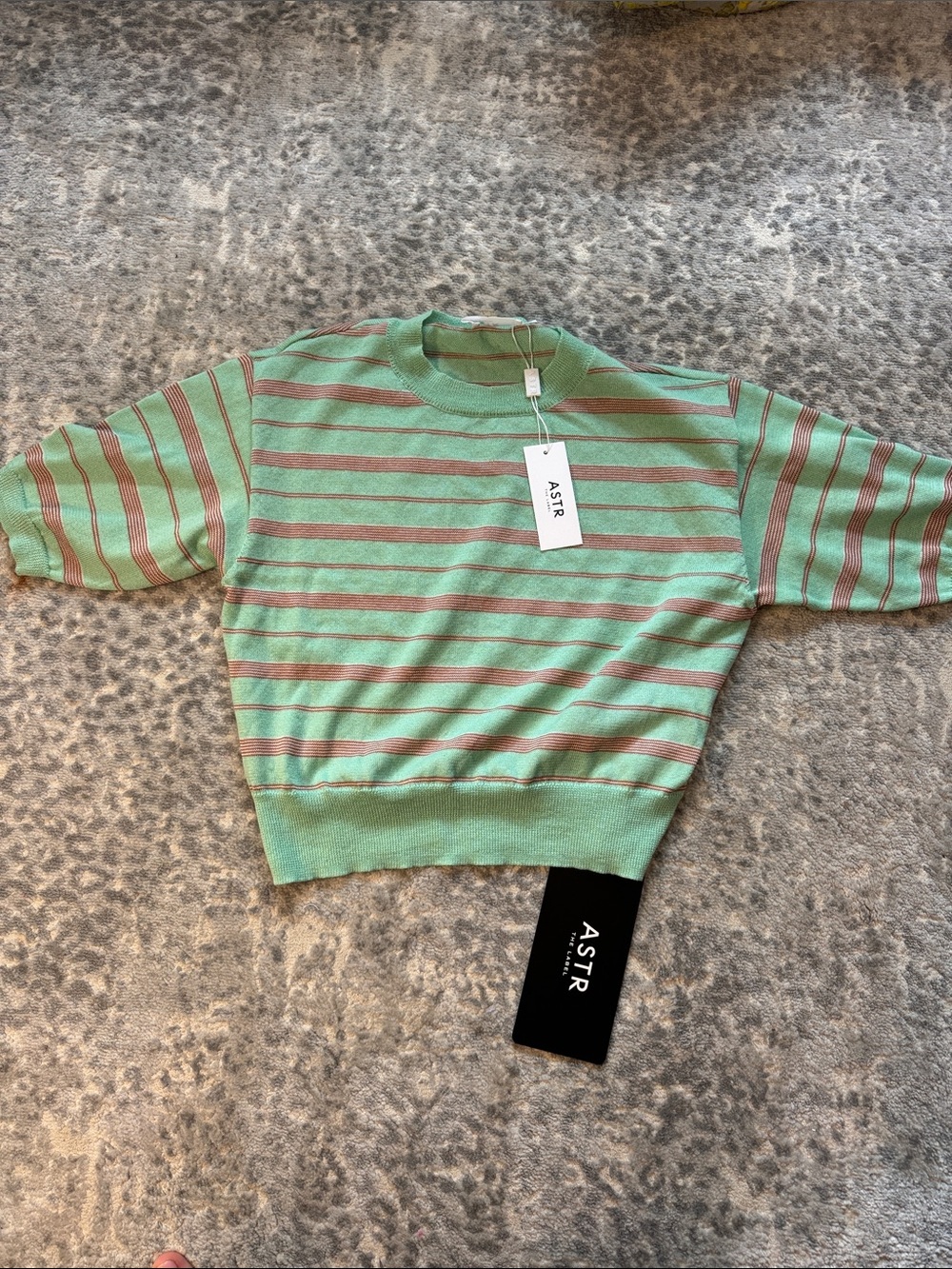 ASTR Mint Green and Tan Striped Short Sleeve Pullover